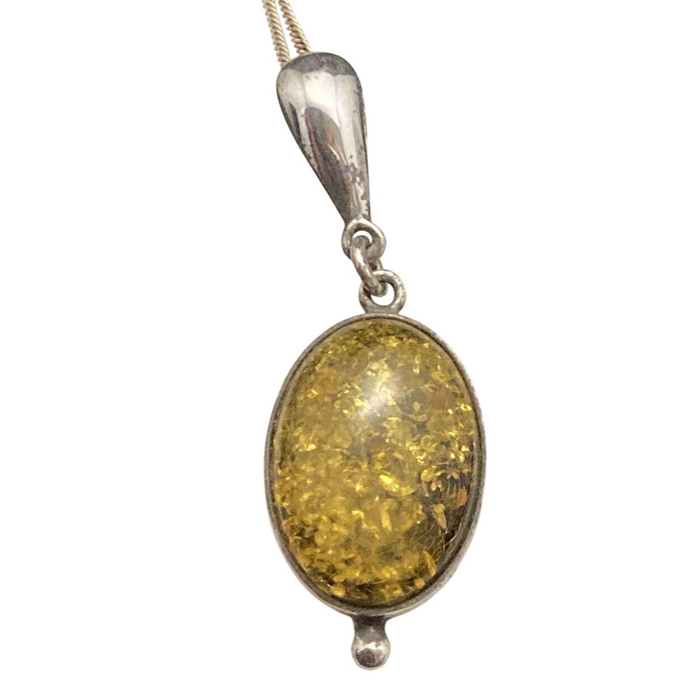 Vintage Oval‎ Green Baltic Amber Sterling Silver 925 Pendant 18'' Necklace 4.5g